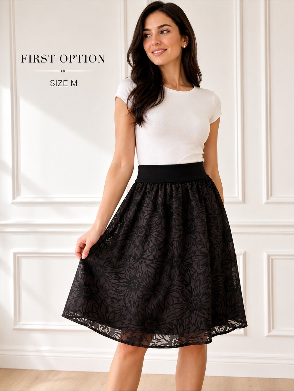 First Option Black Floral Sheer Overlay A-Line Skirt Size M